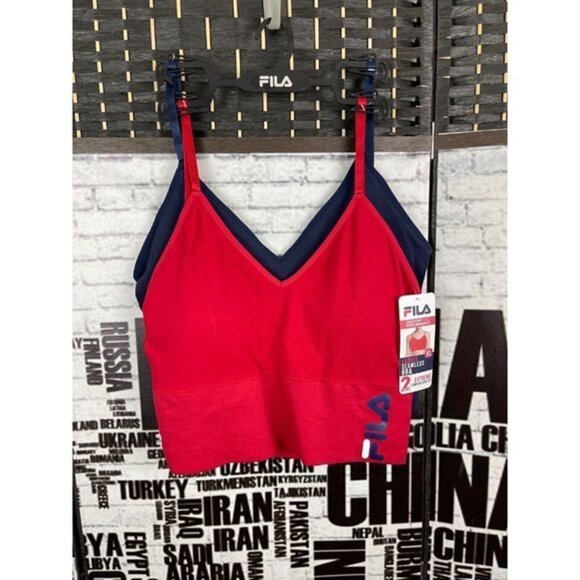 Fila XL (2) Red & Blue Logo Seamless V-Neck Removable Pads Longling Comfort Bras - Picture 1 of 6